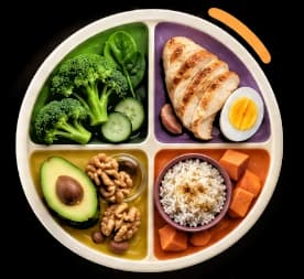 Plato MacroCambio dividido en cuatro: verduras, proteínas, grasas y cereales